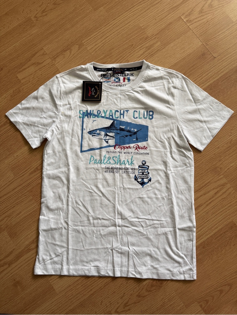 Paul & Shark White Tee with Blue & Teal Sail & Shark Graphic